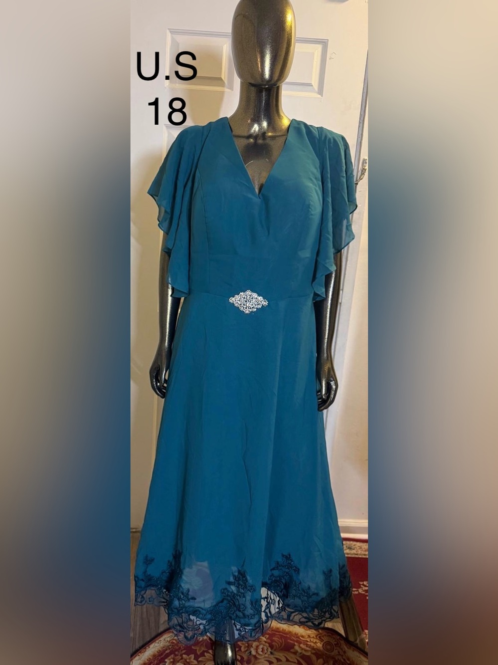 Teal Flutter-Sleeve Evening Dress with Rhinestone Waist Accent